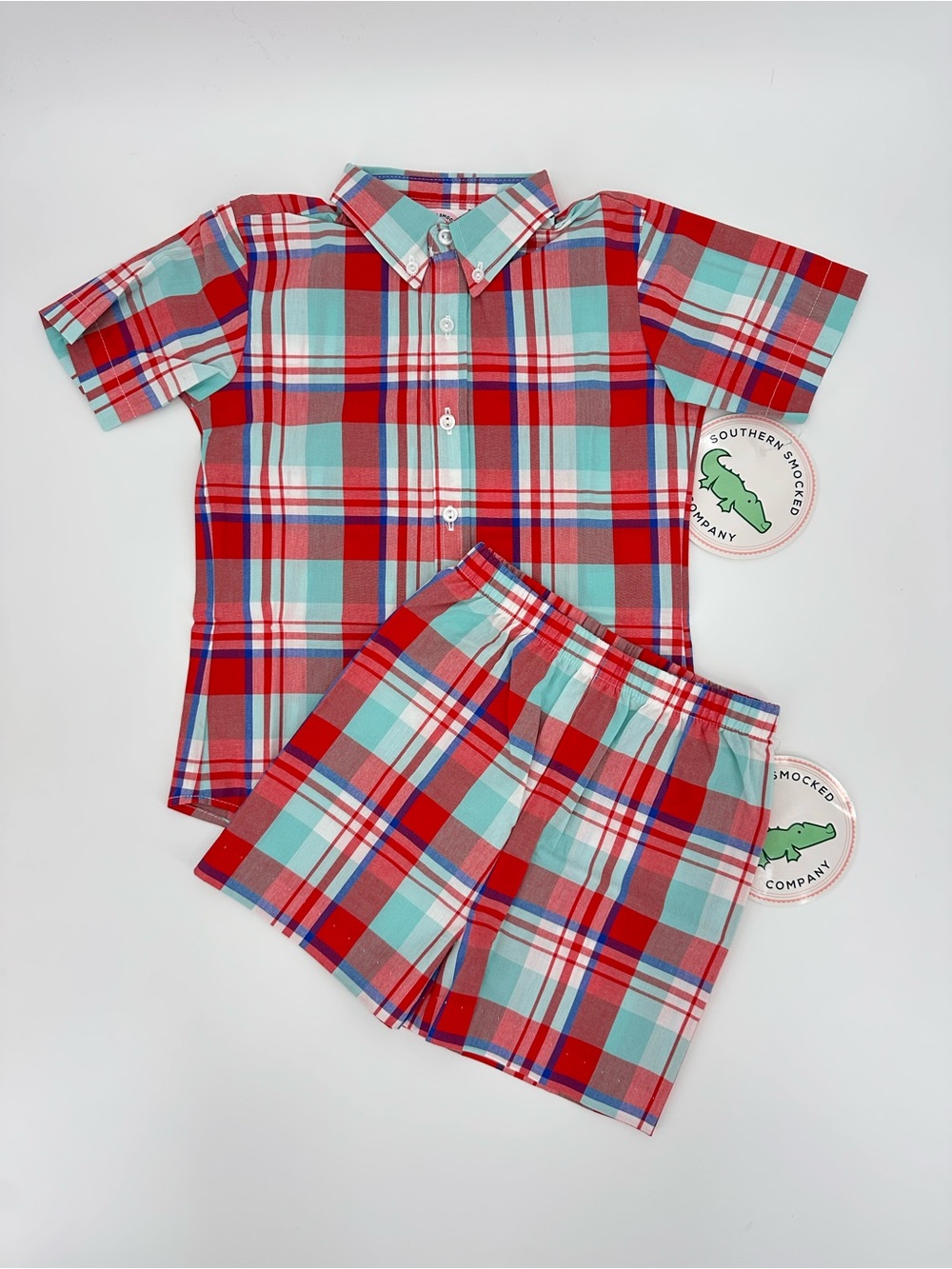 SSC Red & Turquoise Plaid Button Down Summer Set Size 4T